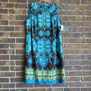 Jessica Howard Turquoise and Brown Abstract Print Linen Blend Sheath Dress 16W